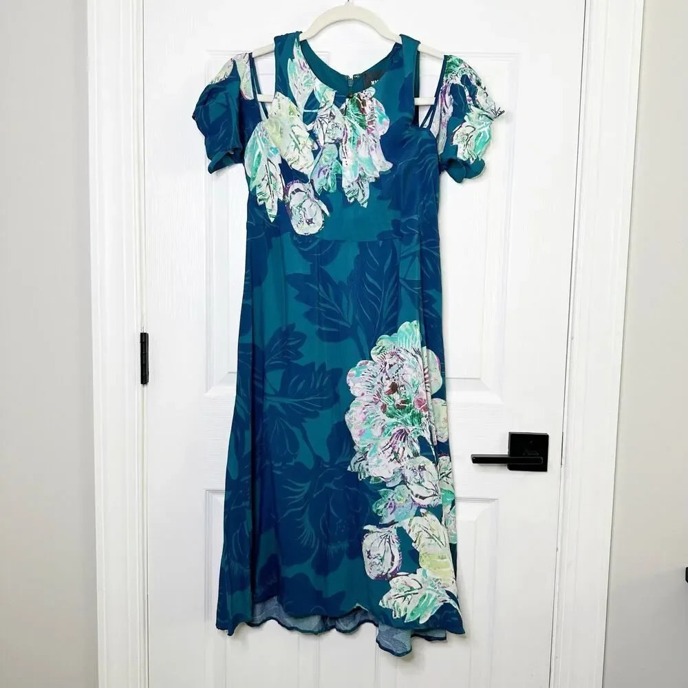MAEVE Anthropologie Size 6 Teal Cold Shoulder Leaf Floral Print Dress - Picture 1 of 6